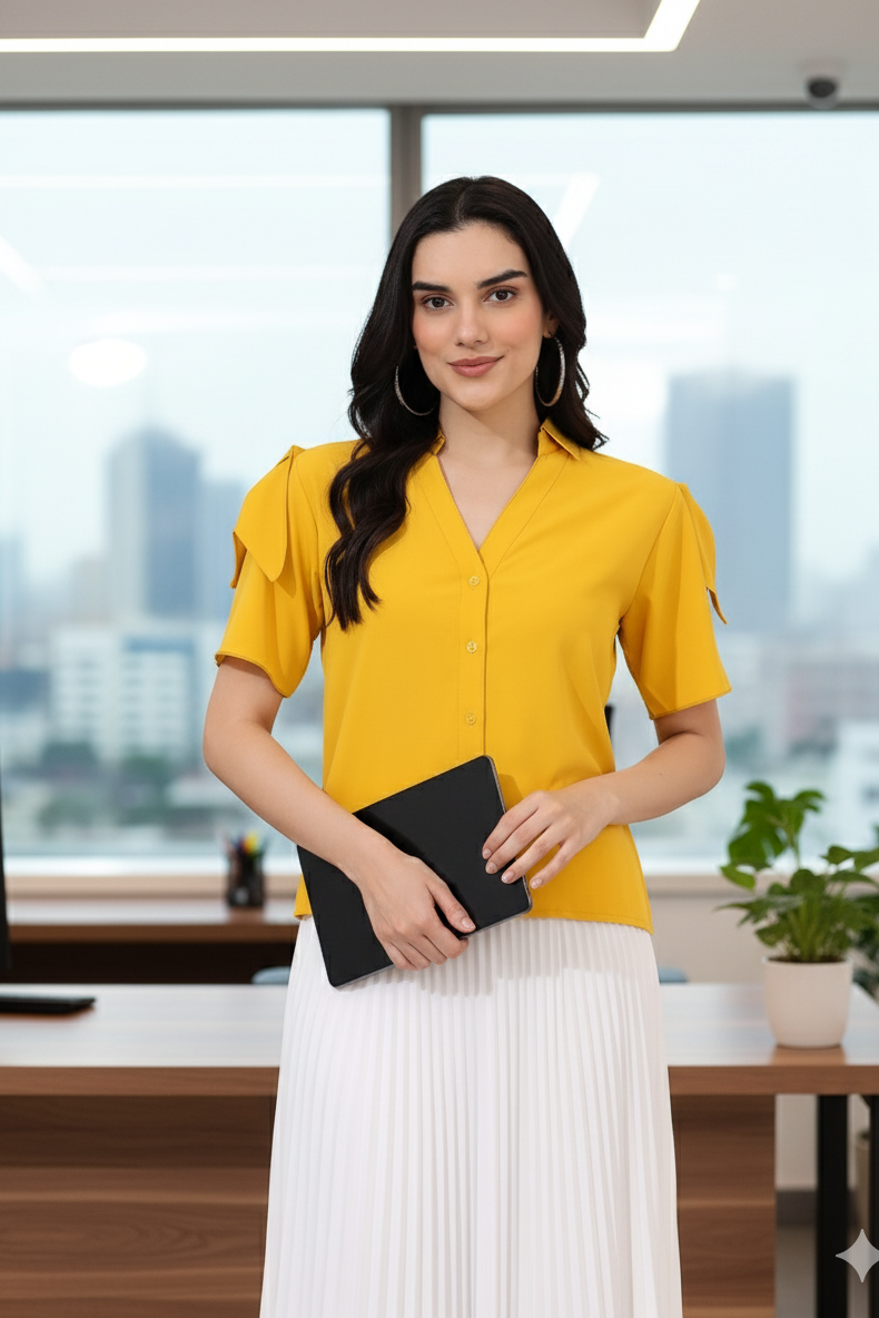 Woman in a yellow blouse and white skirt holding a black folder in an office setting.