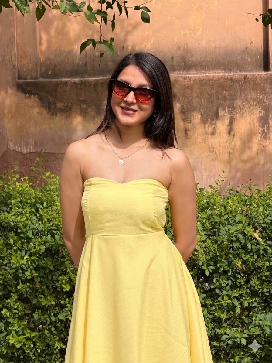 Woman in a yellow dress and sunglasses standing in front of a textured wall with greenery.