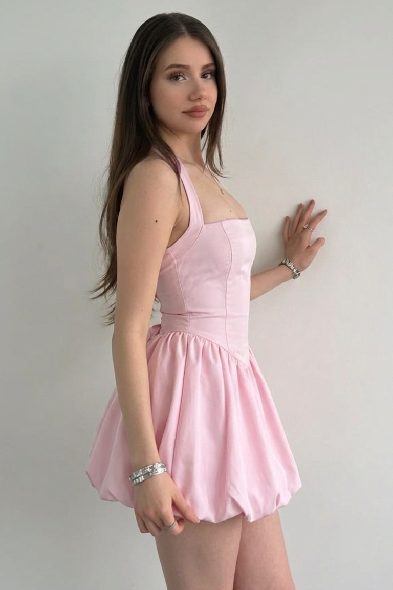 Woman wearing a pink dress against a plain background