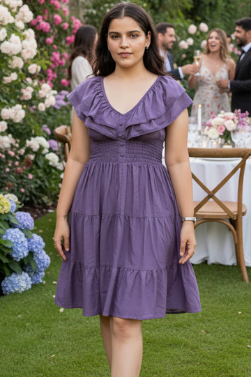 Woman in a purple dress standing in a garden with floral decorations and people in the background.