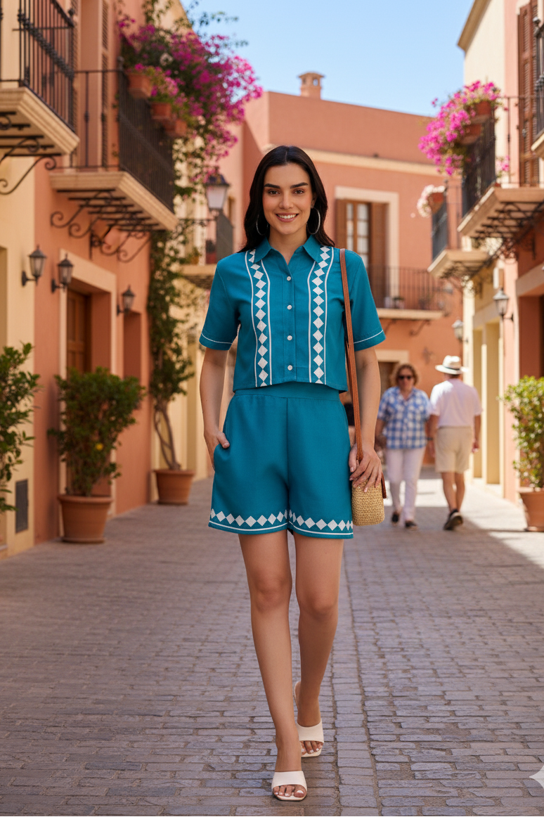 Woman in a blue outfit walking down a sunlit street with buildings and plants.