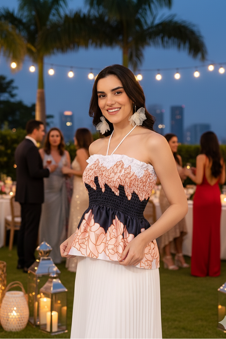 Woman in a floral dress standing outdoors at an event with string lights and palm trees.