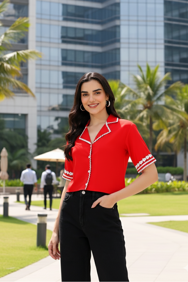 Woman in a red blouse with white trim standing in an outdoor setting with modern buildings and palm trees.