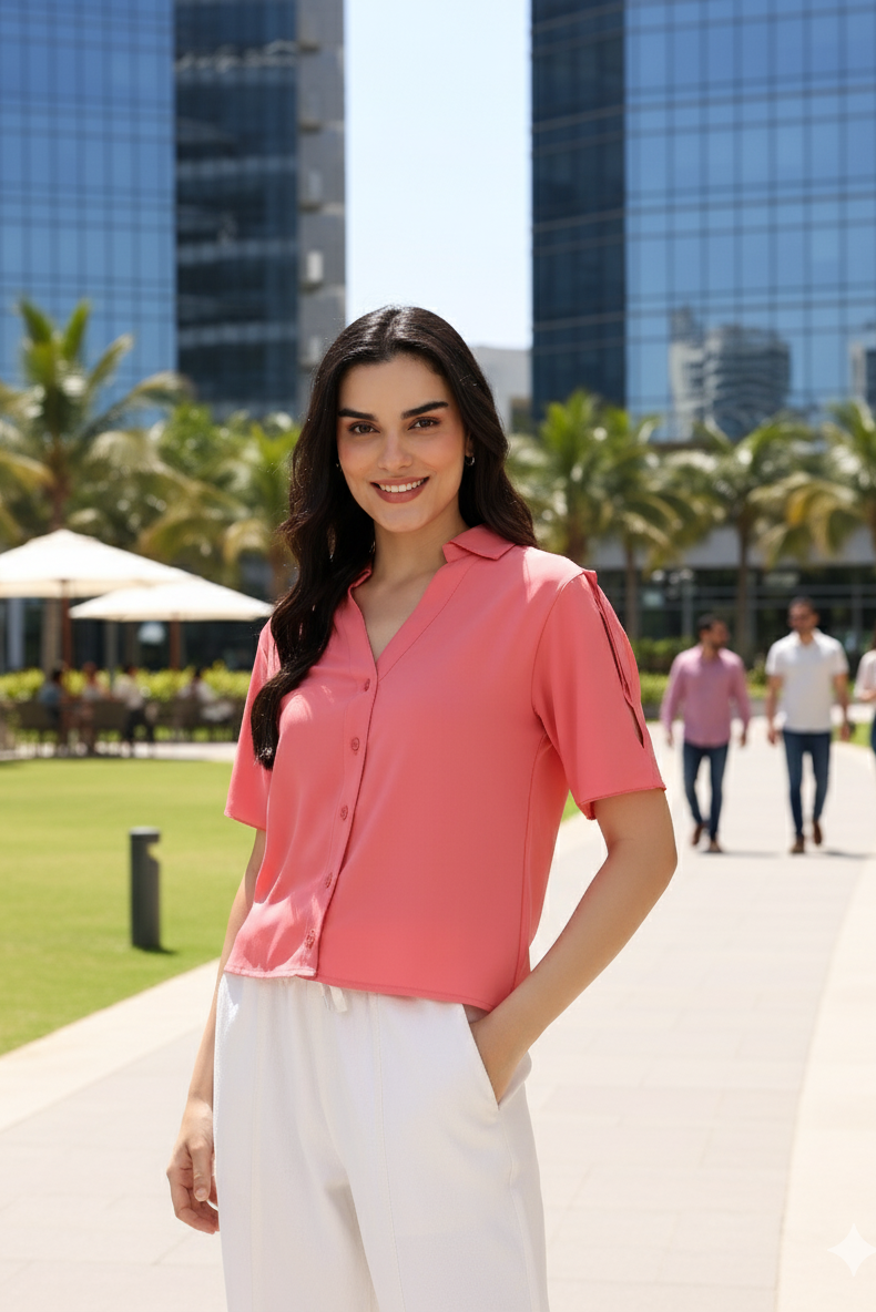 Woman in a pink shirt and white pants standing in front of modern buildings with palm trees.