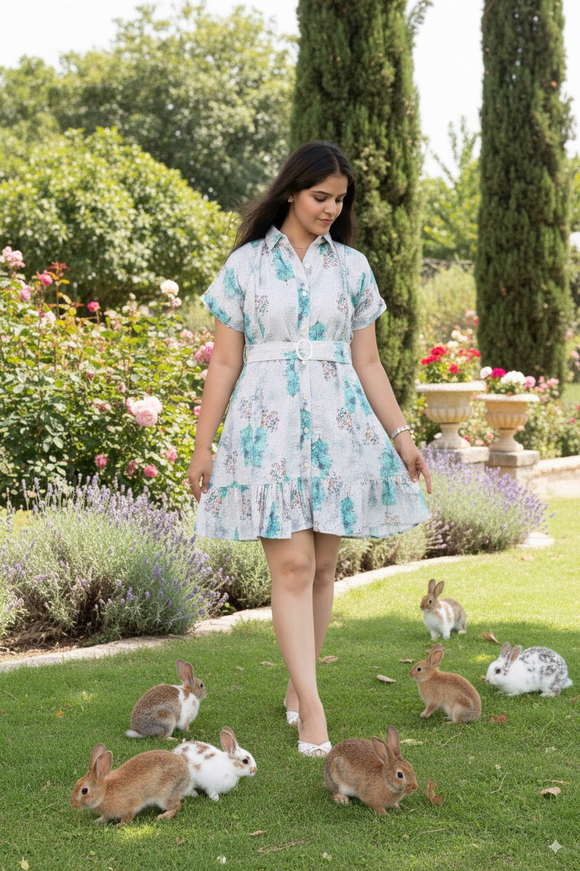 Woman in a floral dress standing in a garden with rabbits around her