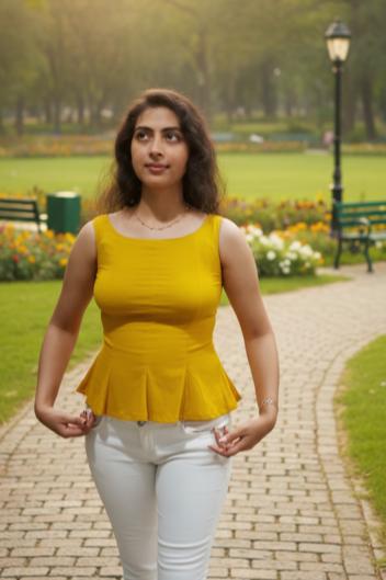 Woman in a yellow top and white pants standing on a paved path in a park.