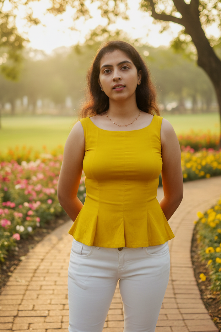 Woman in a yellow top and white pants standing in a park with trees and flowers.