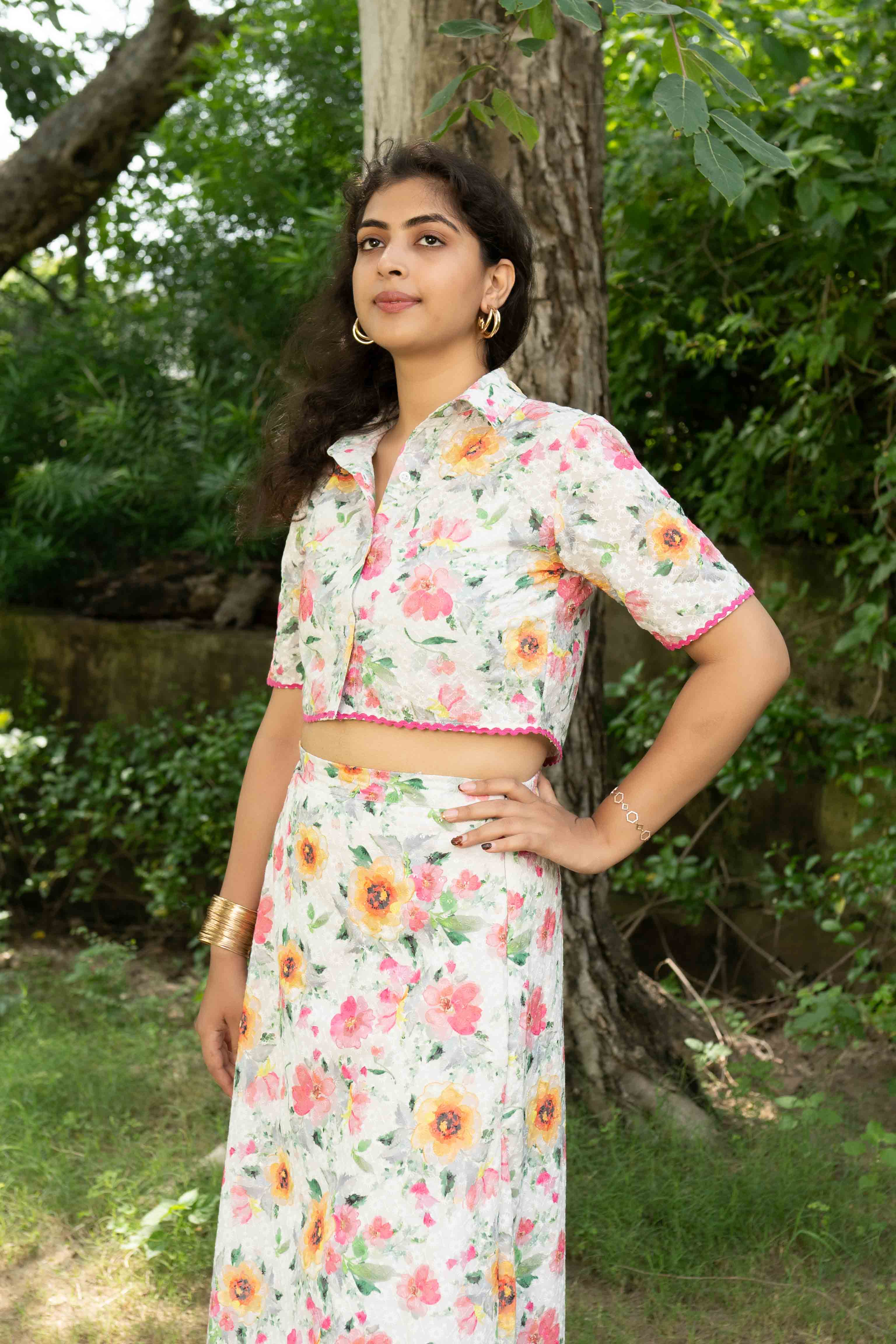 White embroidered floral co-ord set
