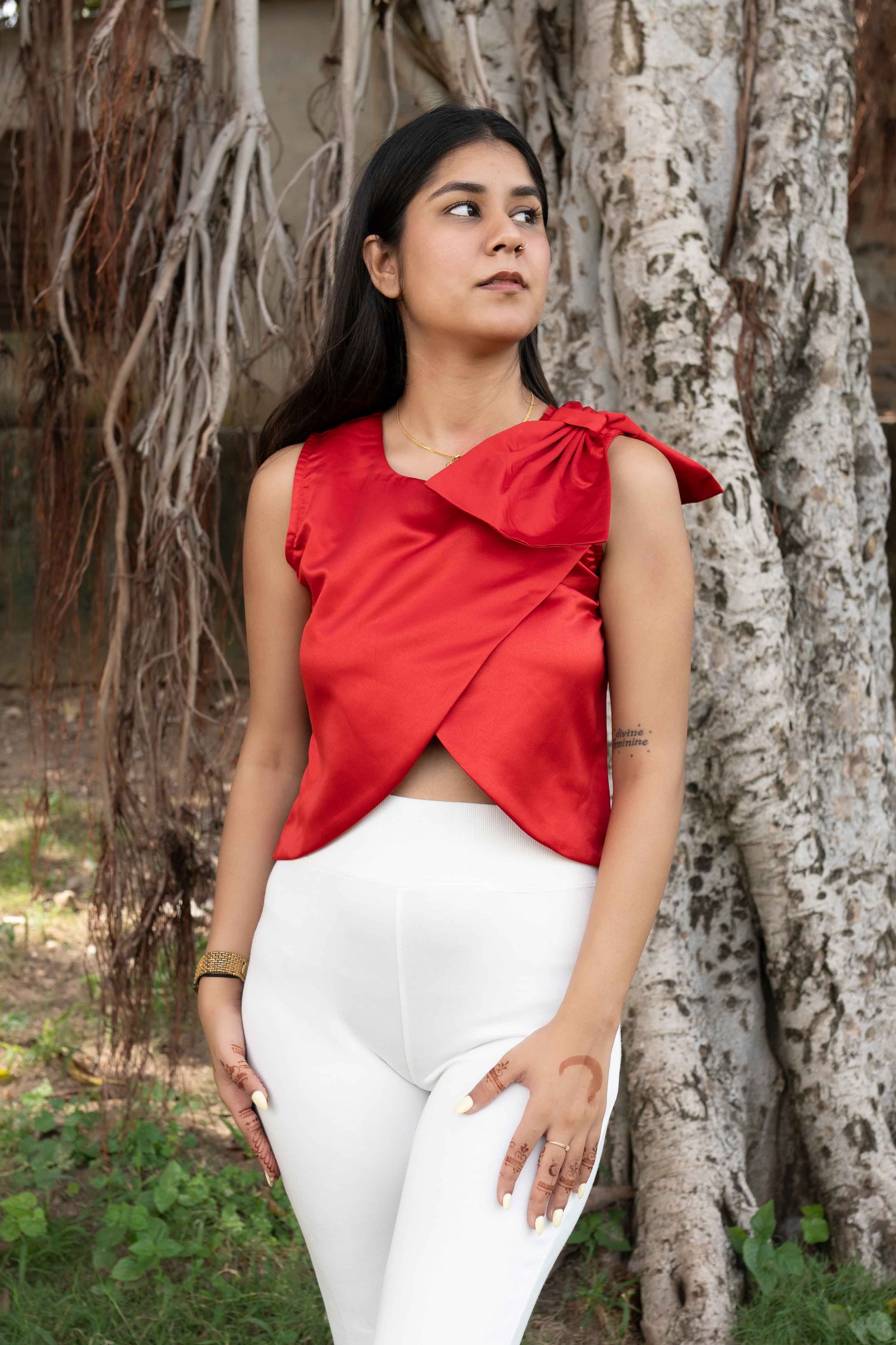 Satin red bow top