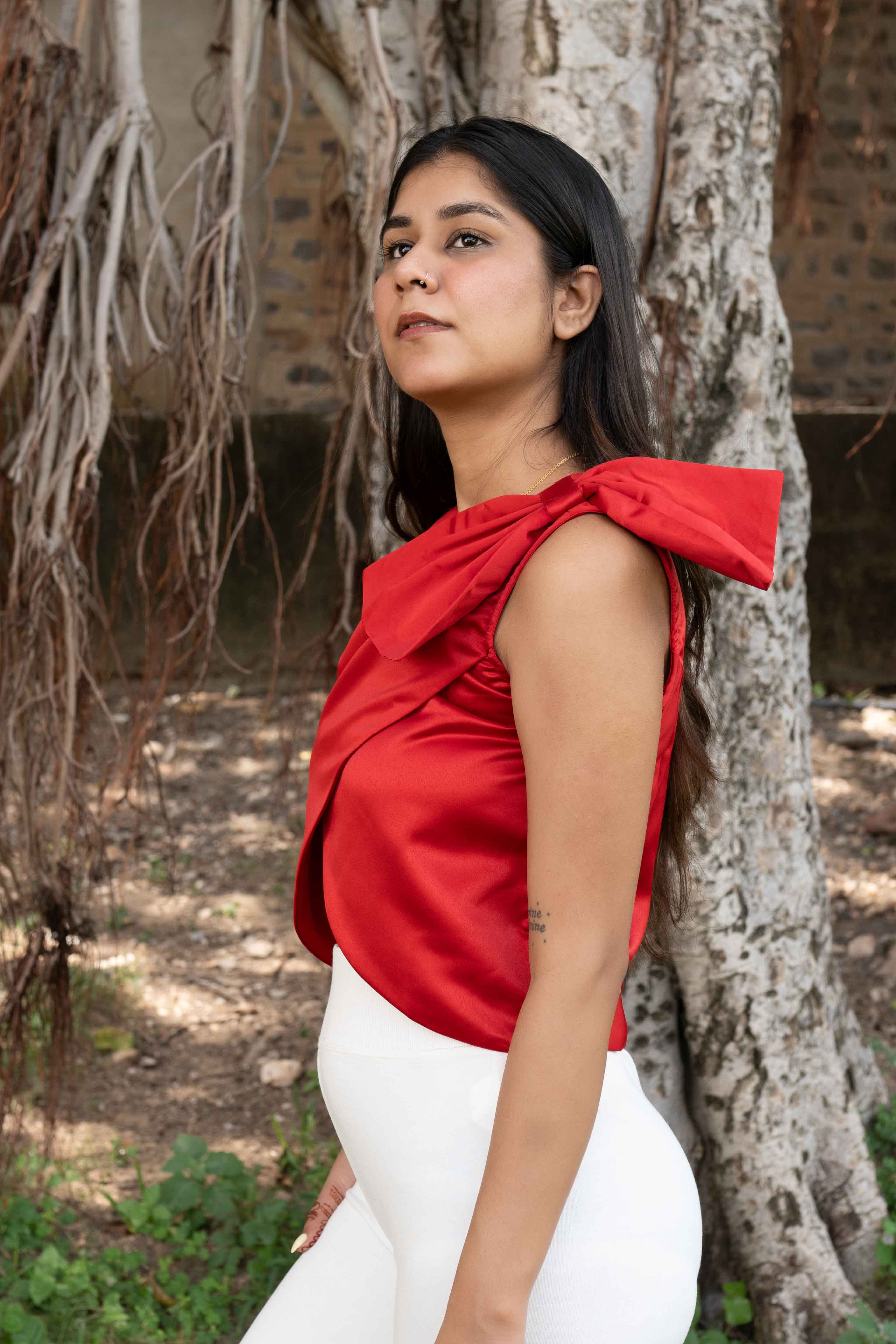 Satin red bow top