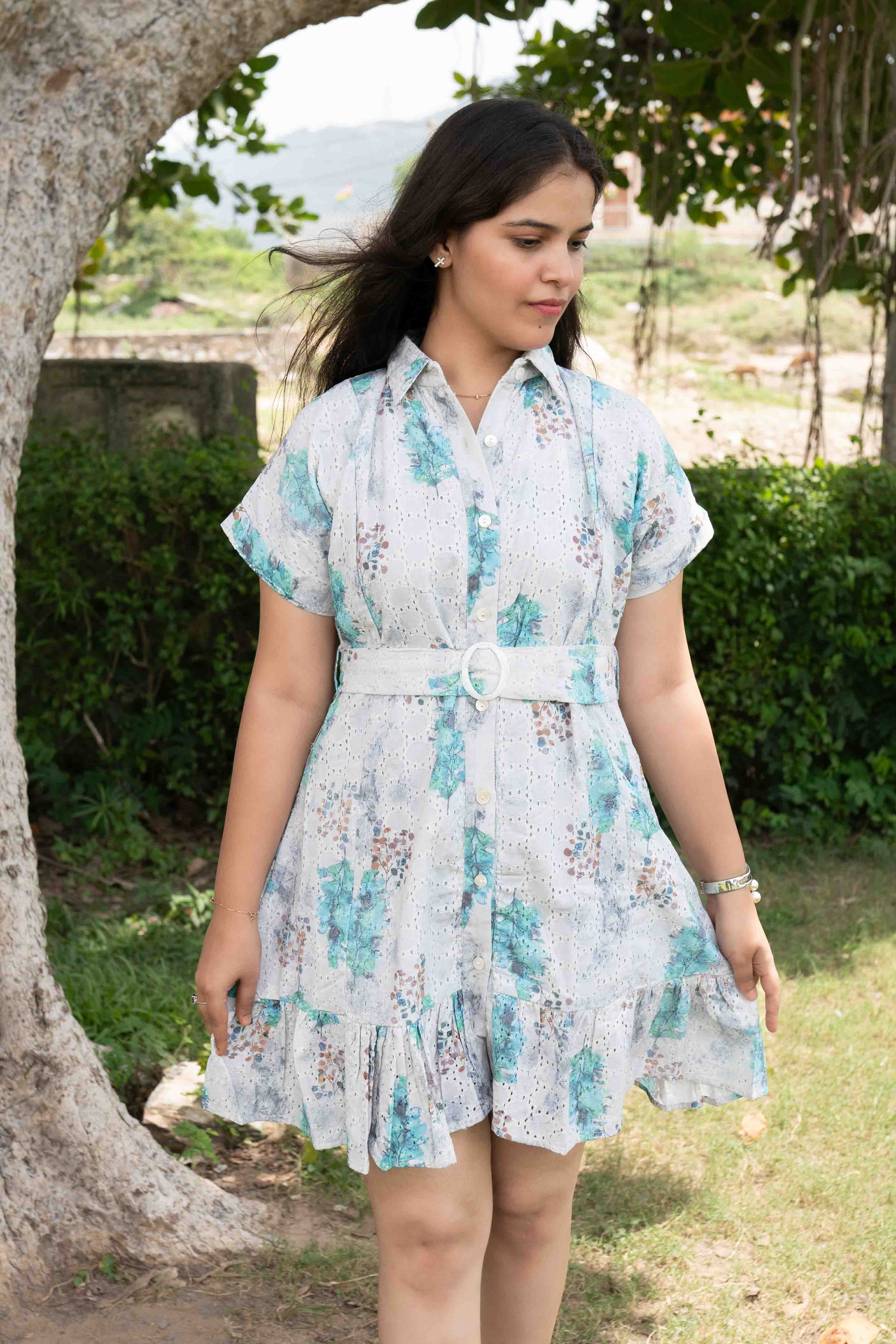 Embroidered printed white dress