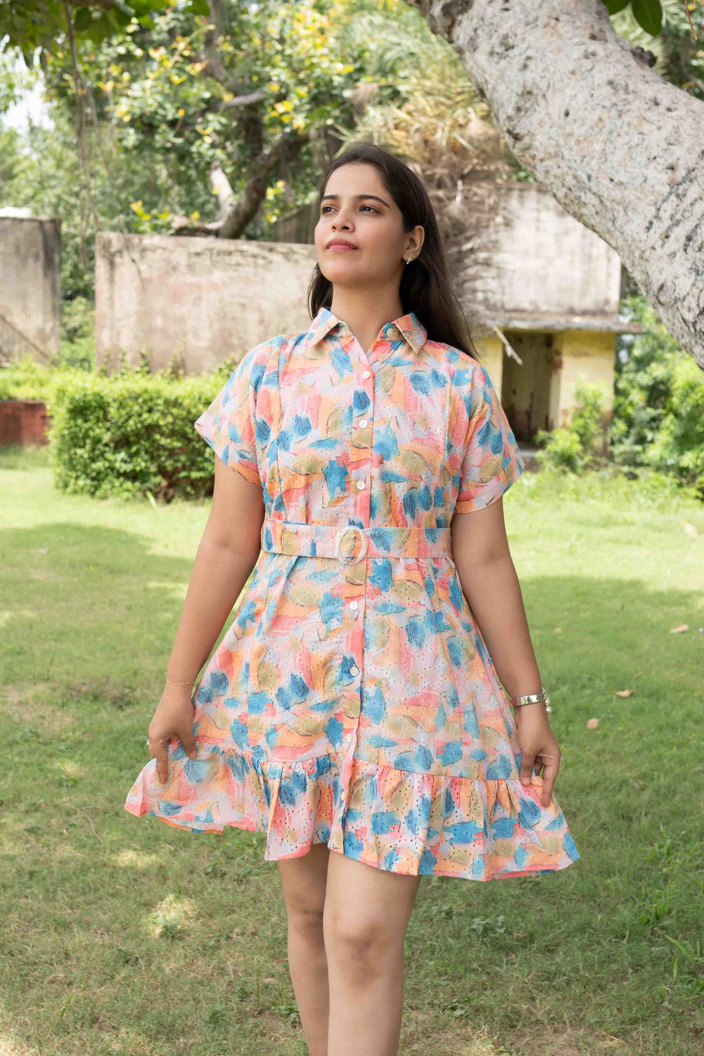 White printed embroidered dress
