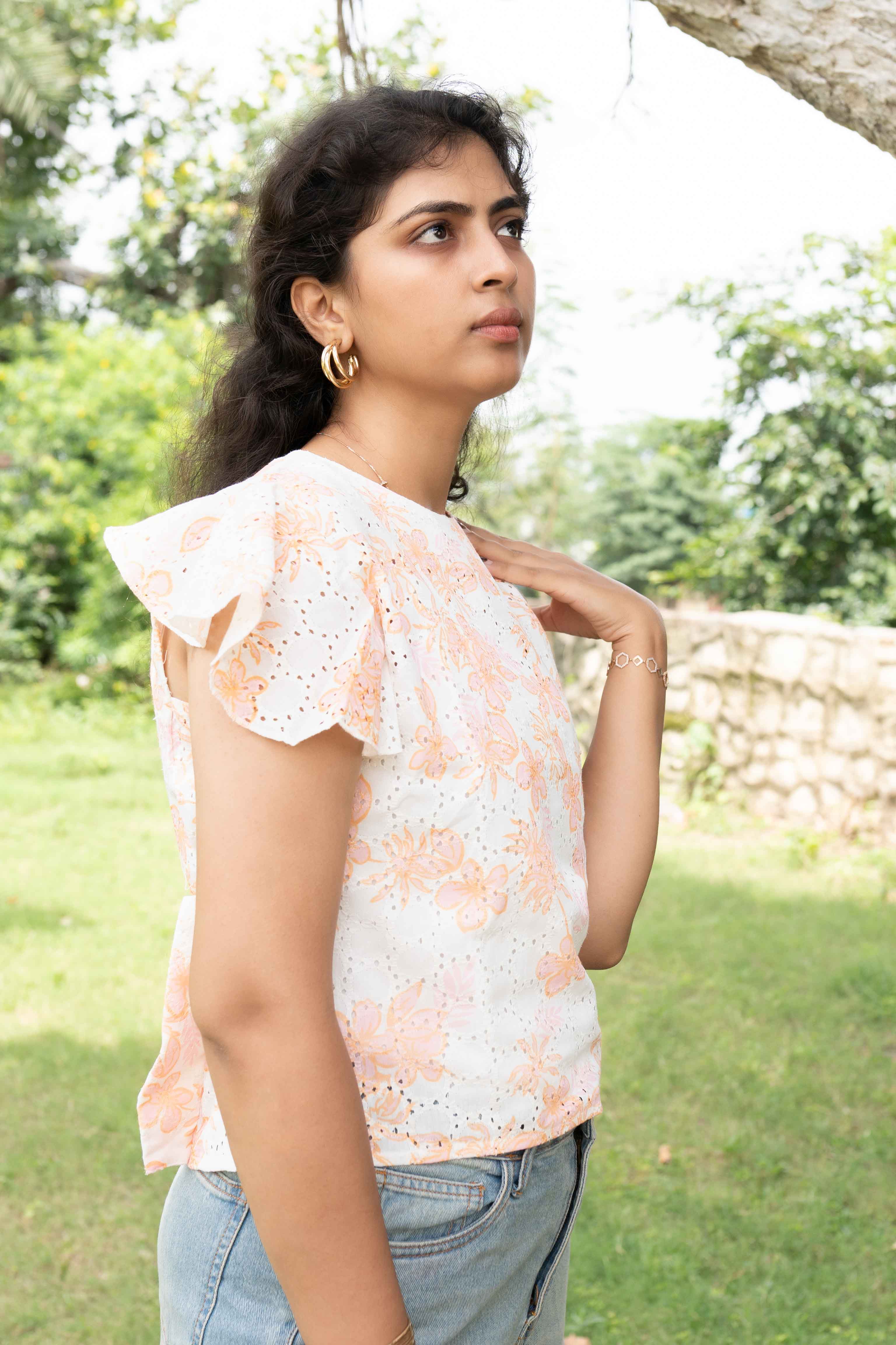 Embroided flower printed top