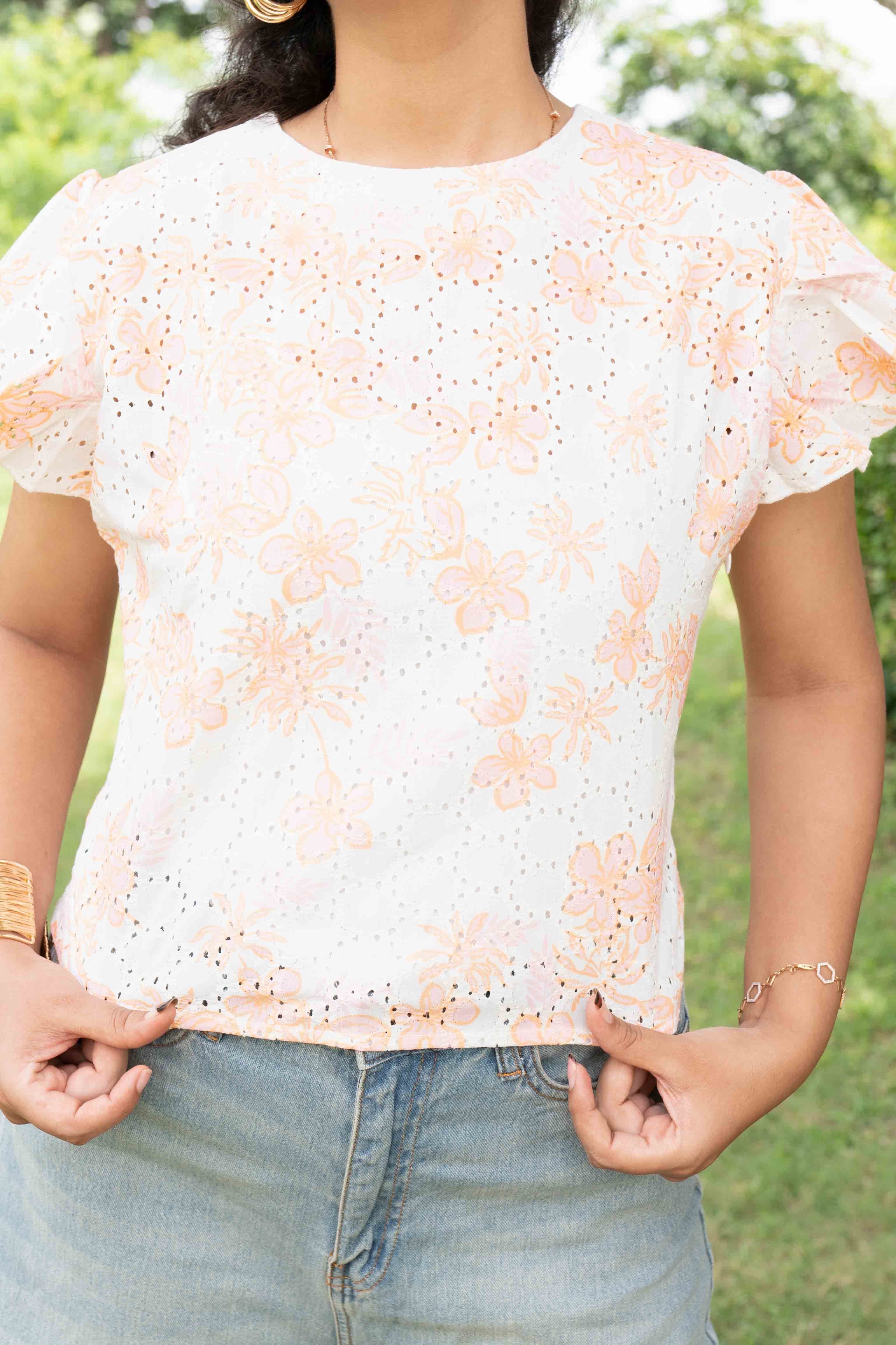 Embroided flower printed top