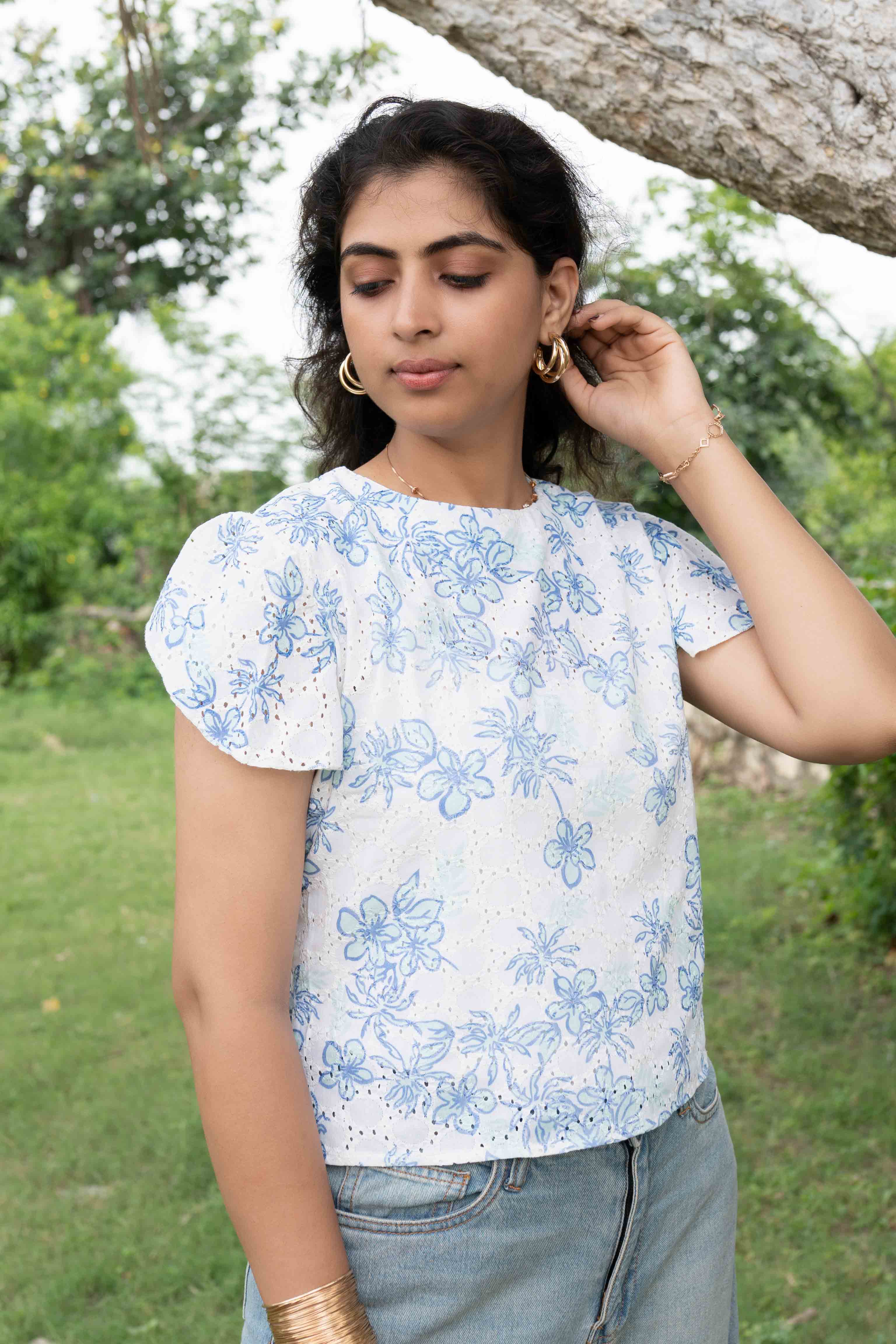 Embroided flower print top