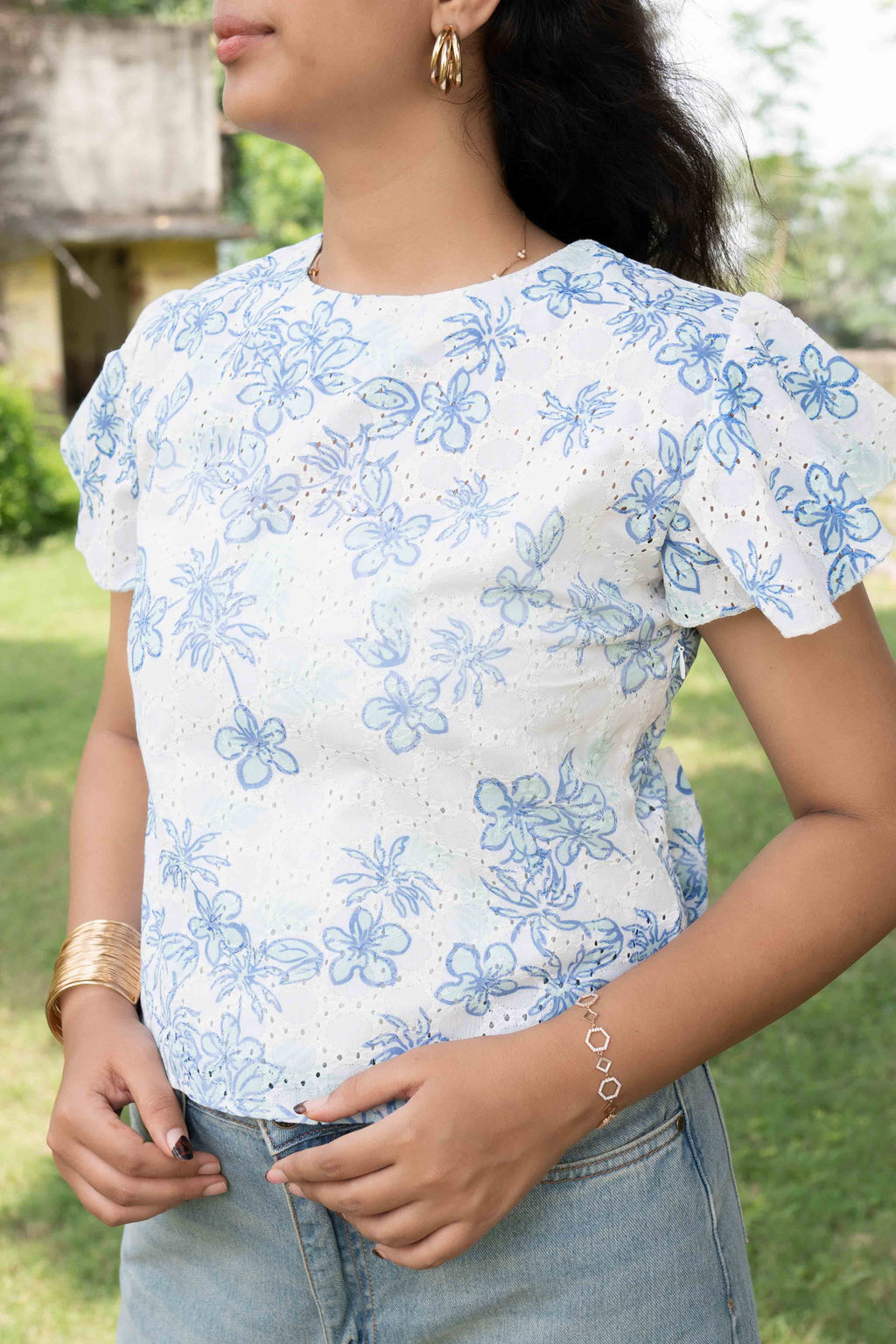 Embroided flower print top