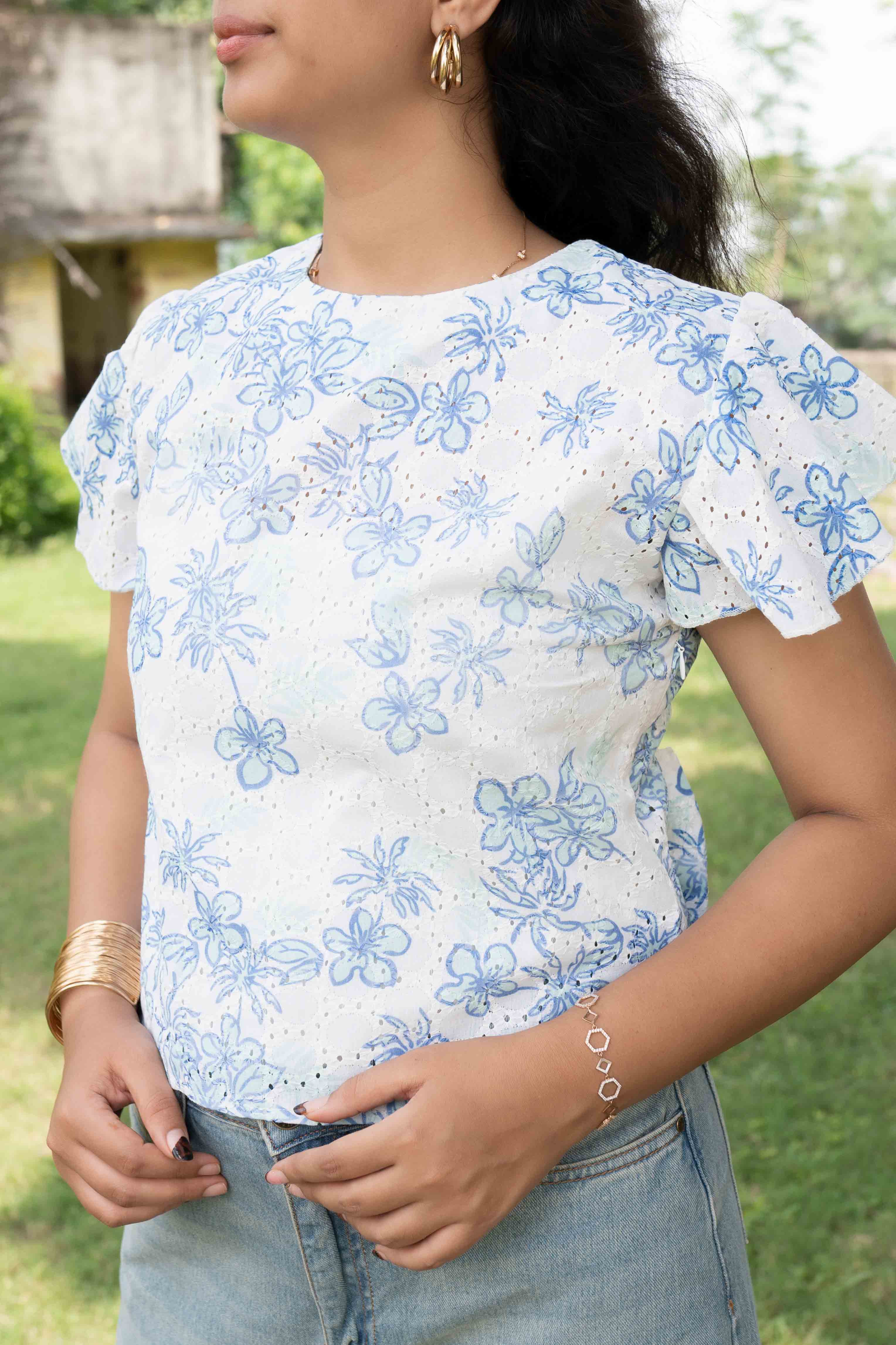 Embroided flower print top