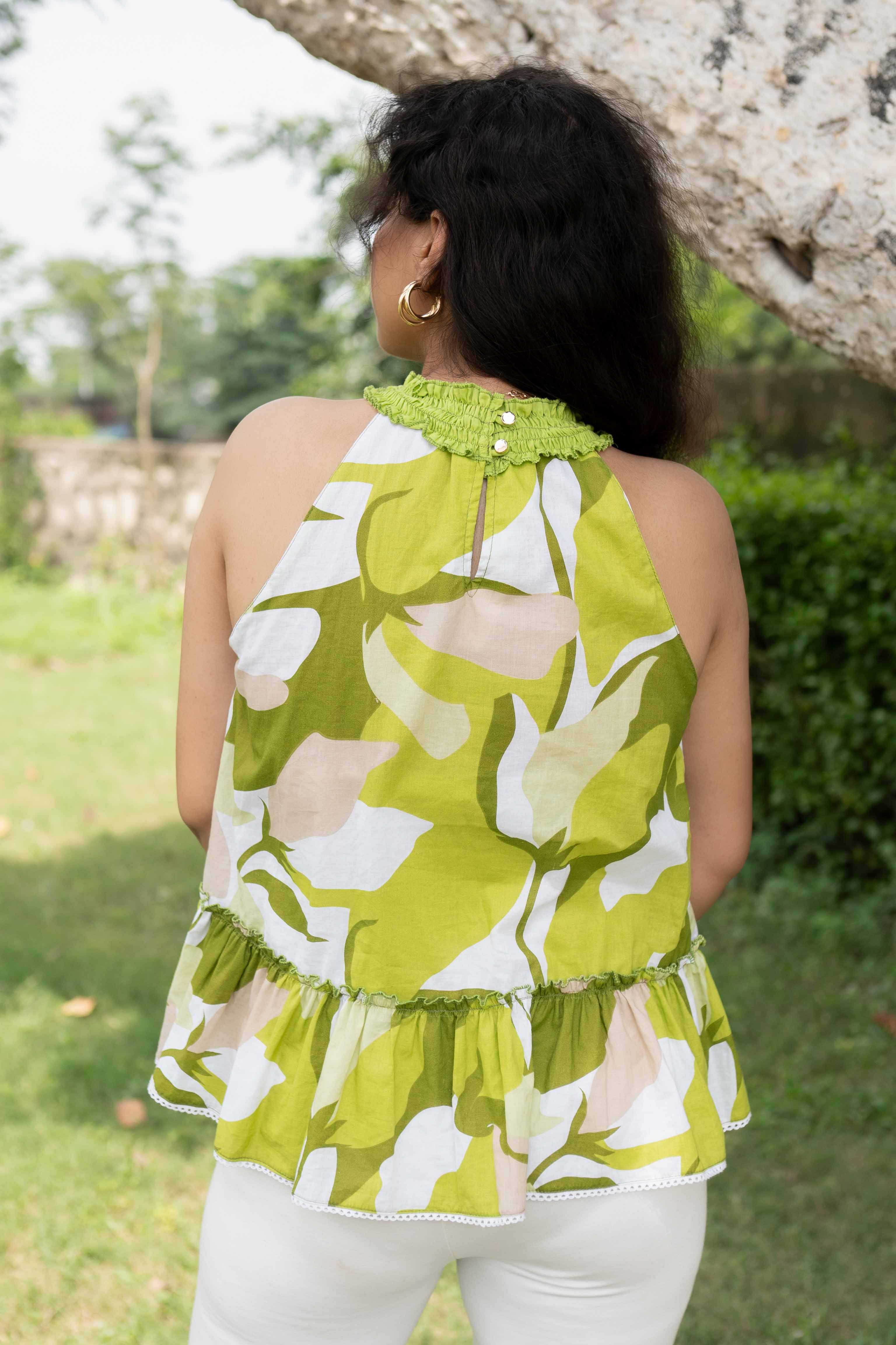 Green Printed halter neck Top