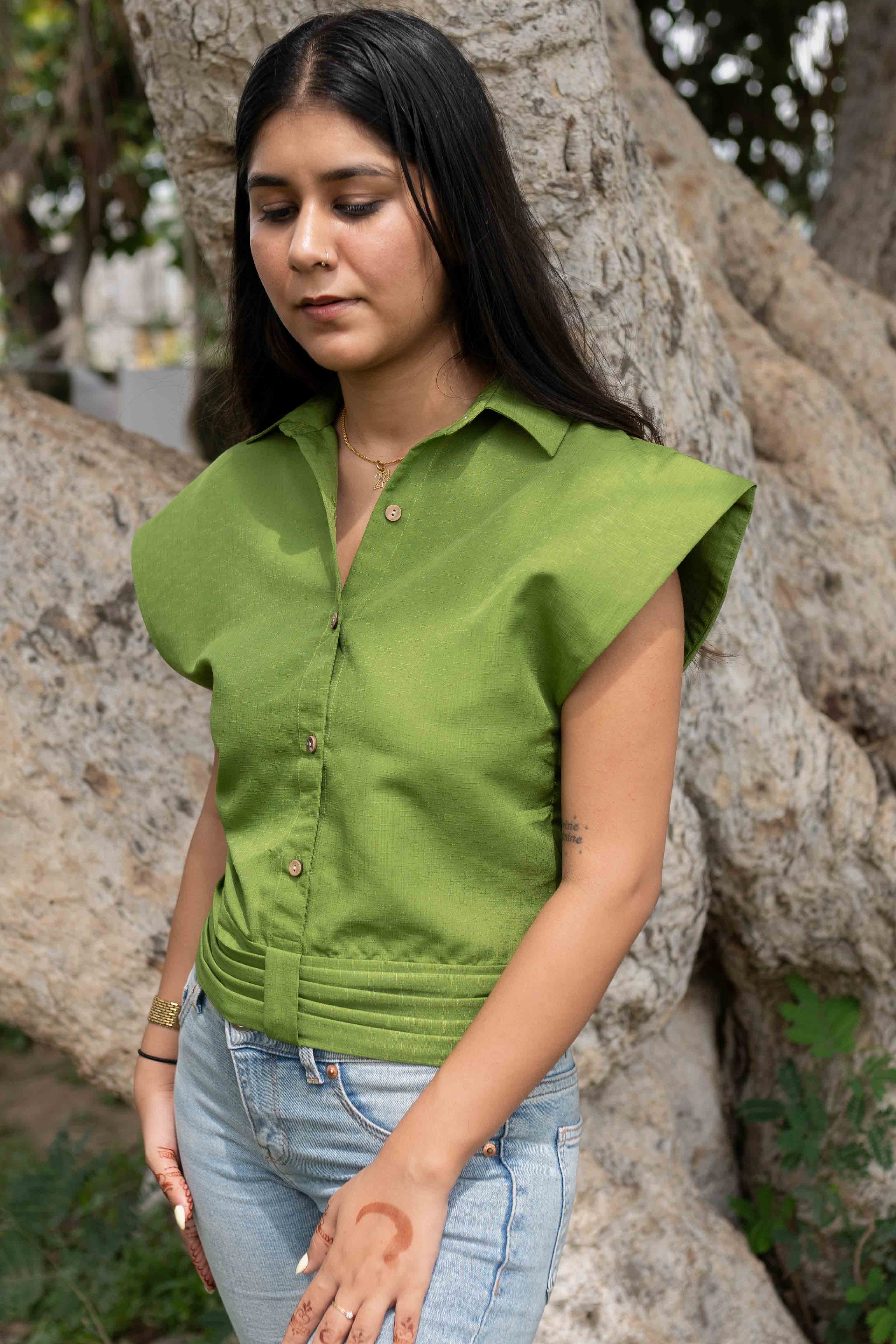 Green power shoulder top
