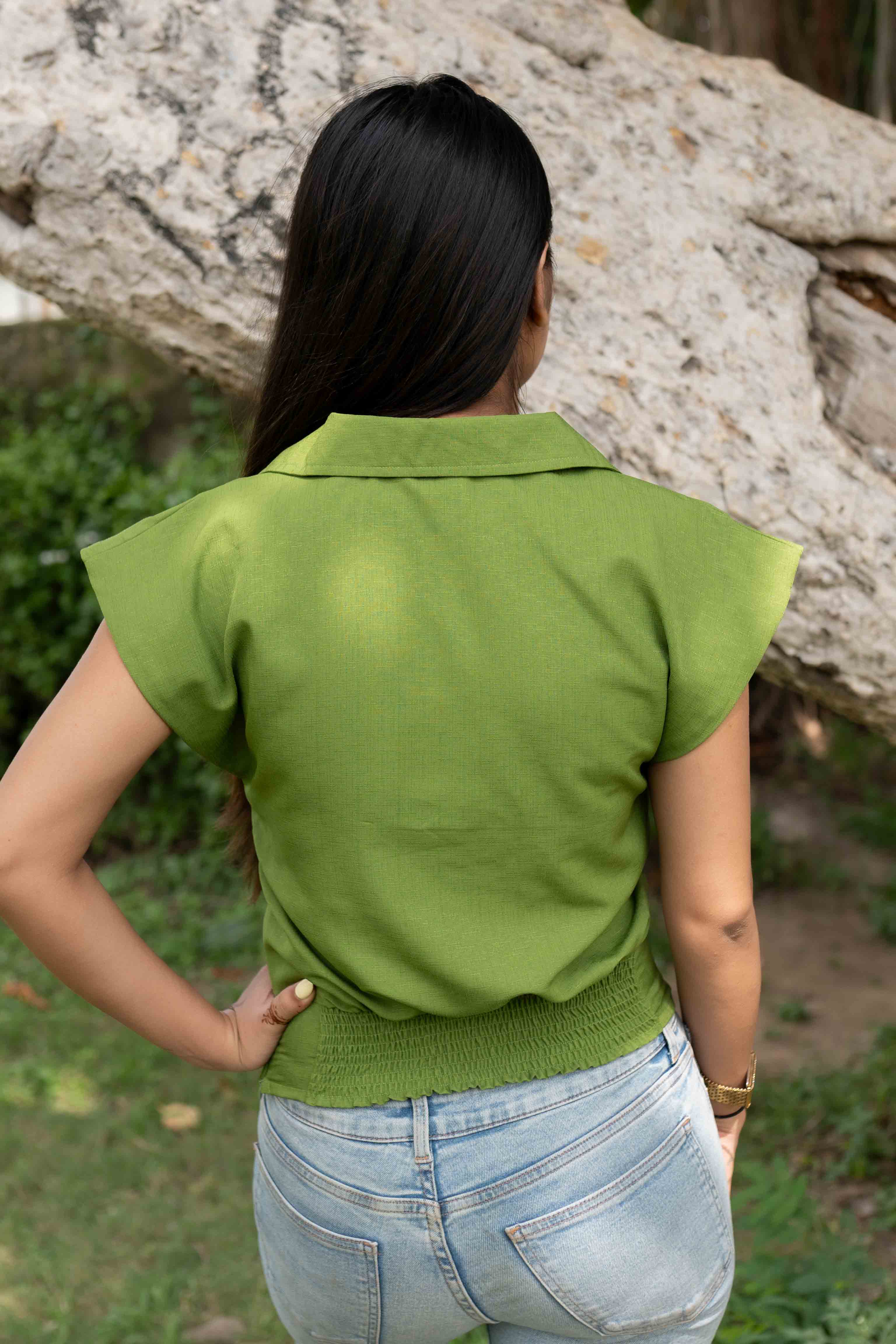 Green power shoulder top