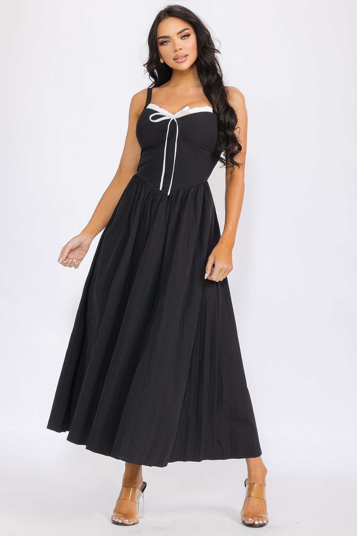 Contrast Details Black/white Midi Dress