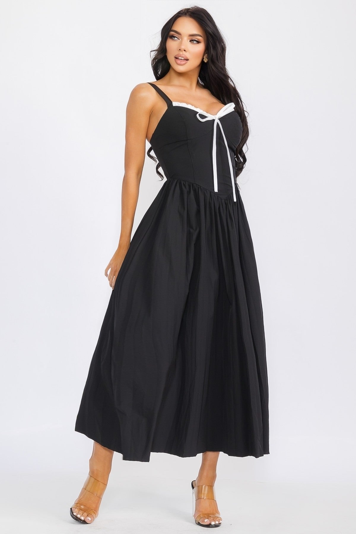 Contrast Details Black/white Midi Dress