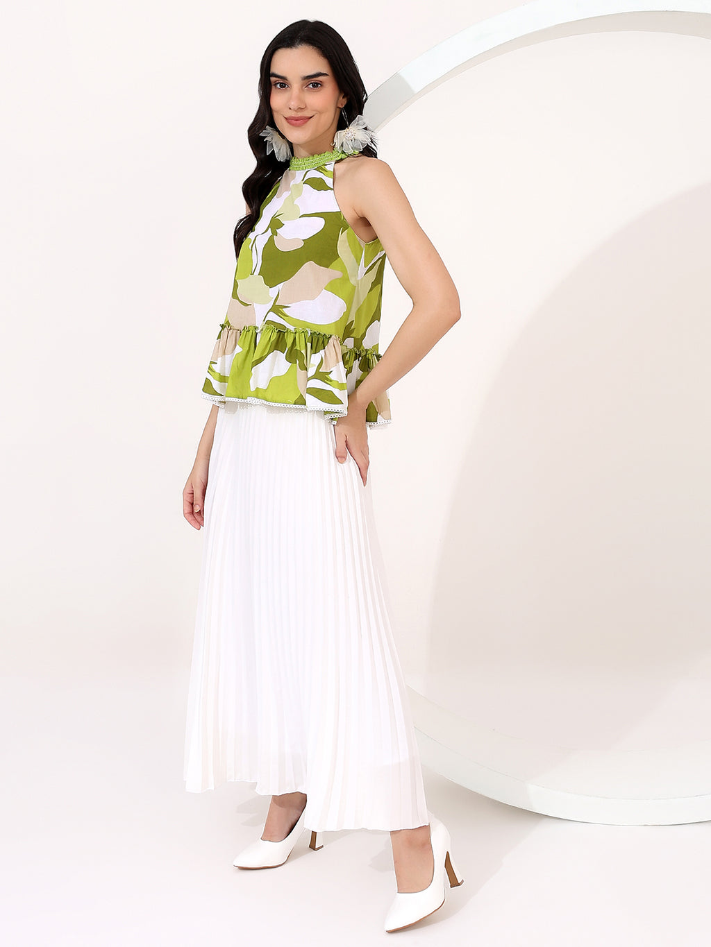 Green Printed halter neck Top