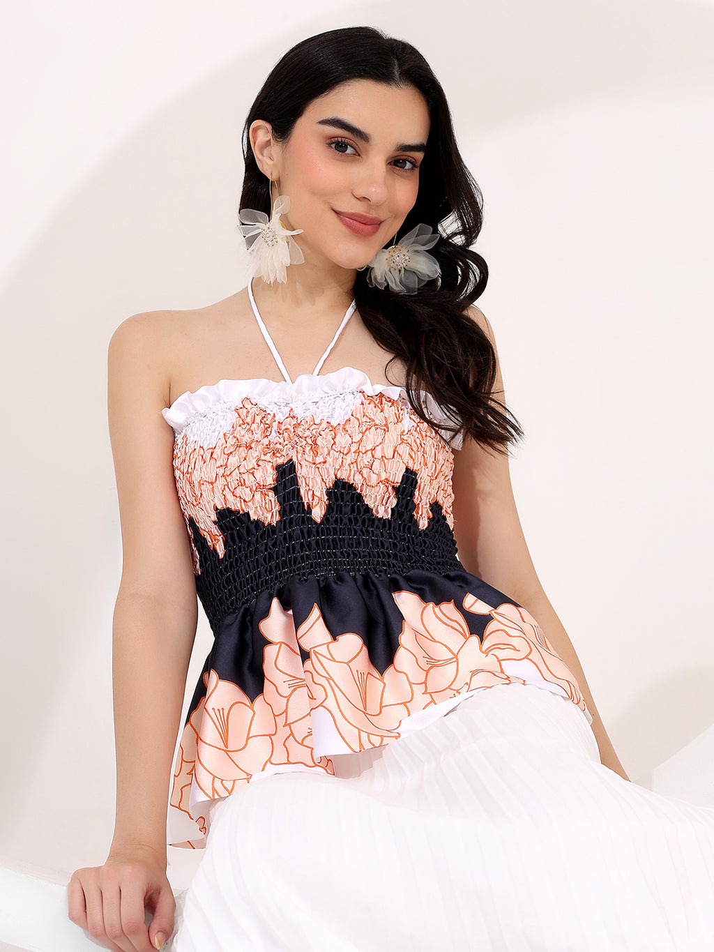 white printed satin top