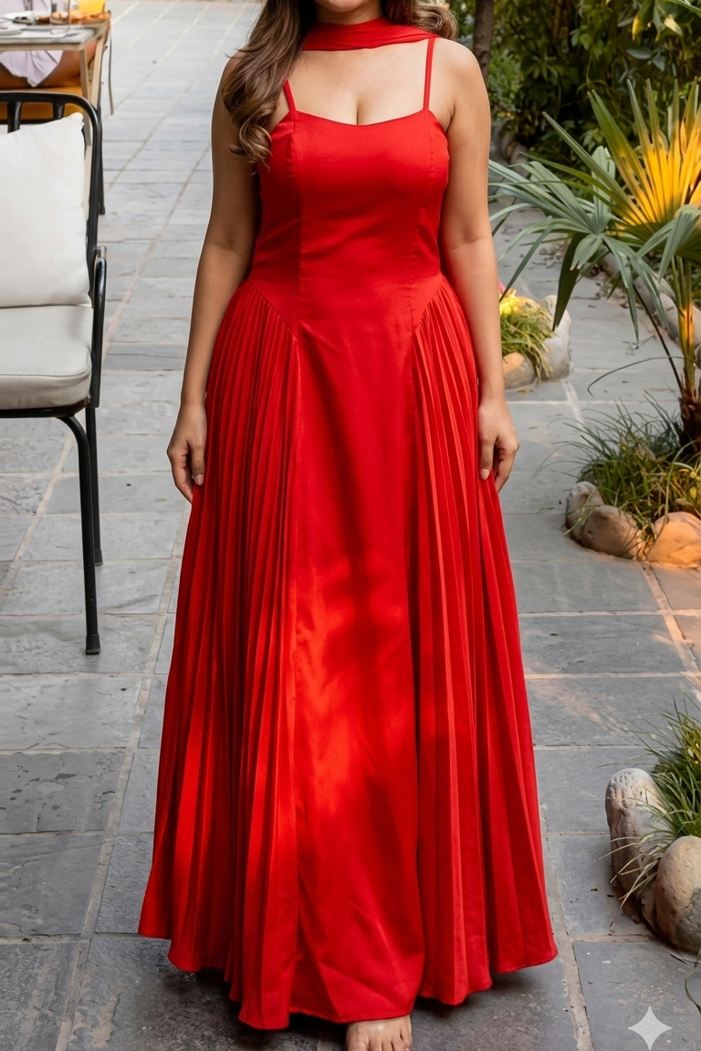 Woman in a red dress standing in a garden with pink flowers and a white building in the background.