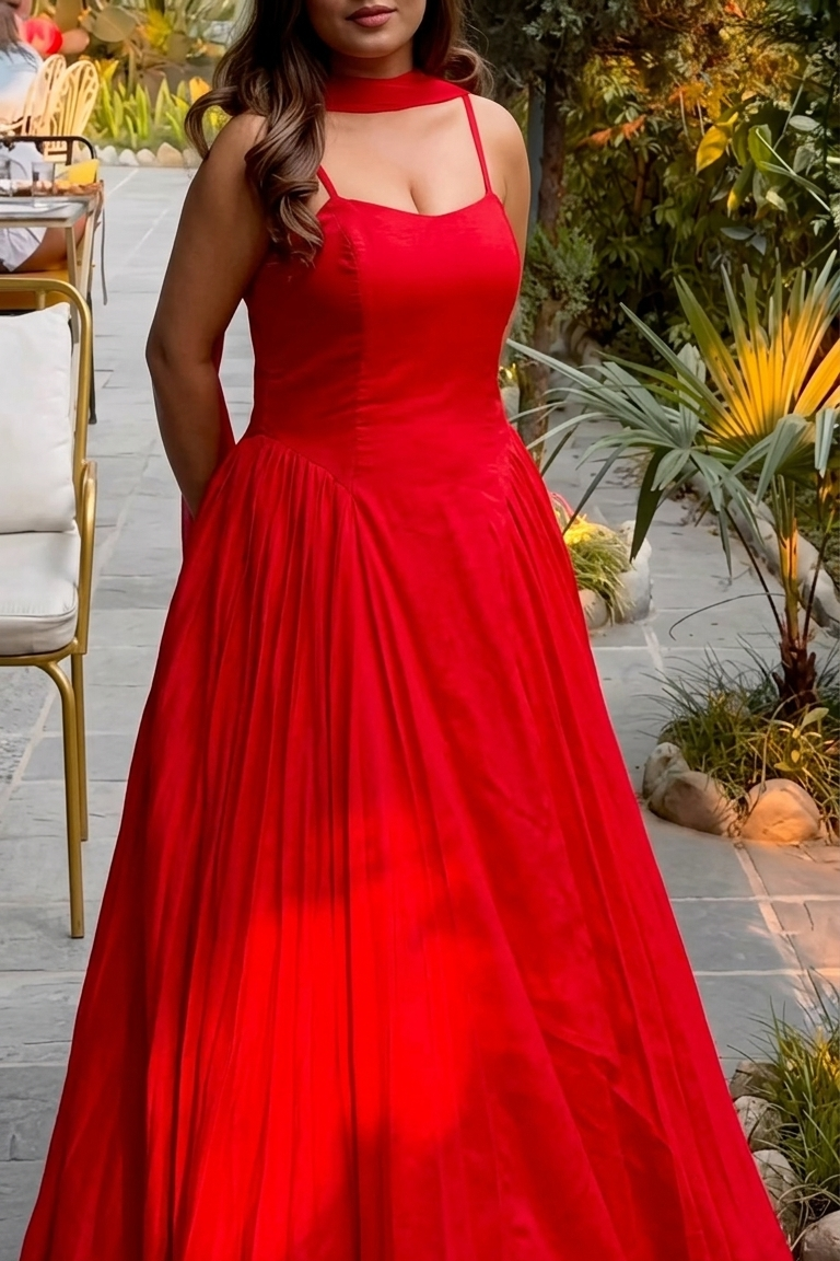 Woman wearing a red evening gown outdoors with plants and furniture in the background