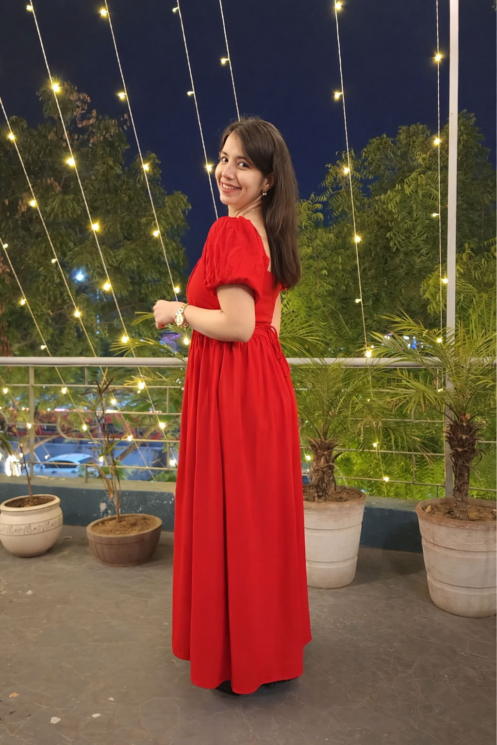 Red tie up cotton dress