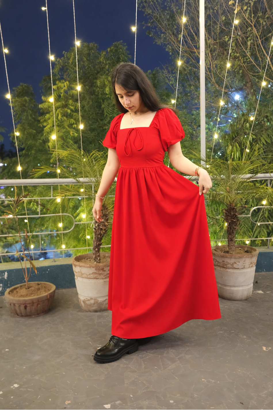 Red tie up cotton dress