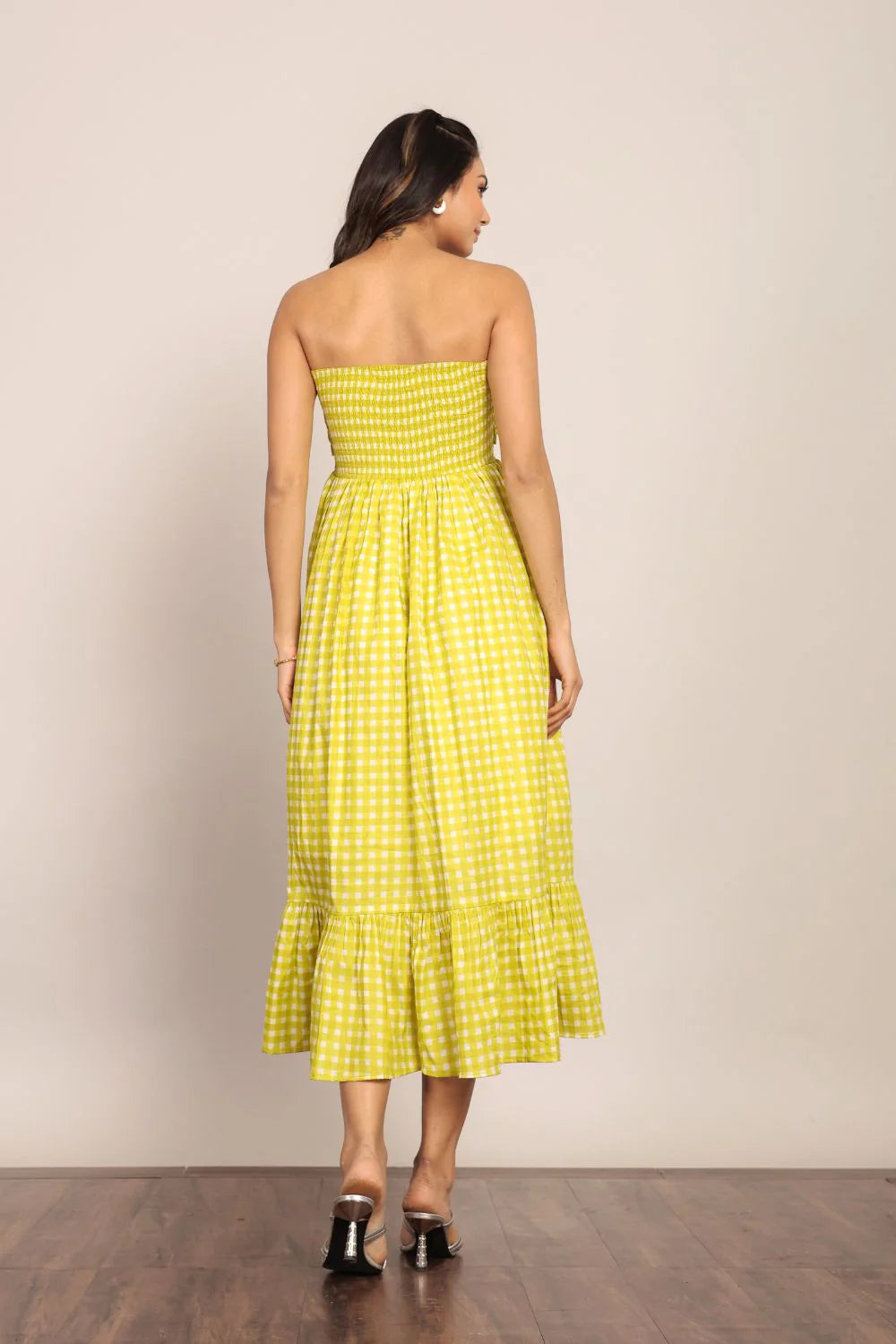 BRIGHT GREEN CHECKS VOLUME SLEEVES MIDI COTTON DRESS