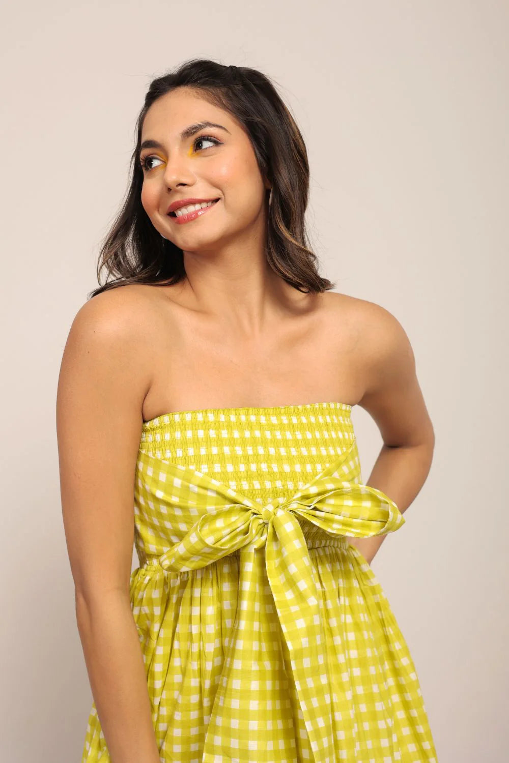 BRIGHT GREEN CHECKS VOLUME SLEEVES MIDI COTTON DRESS