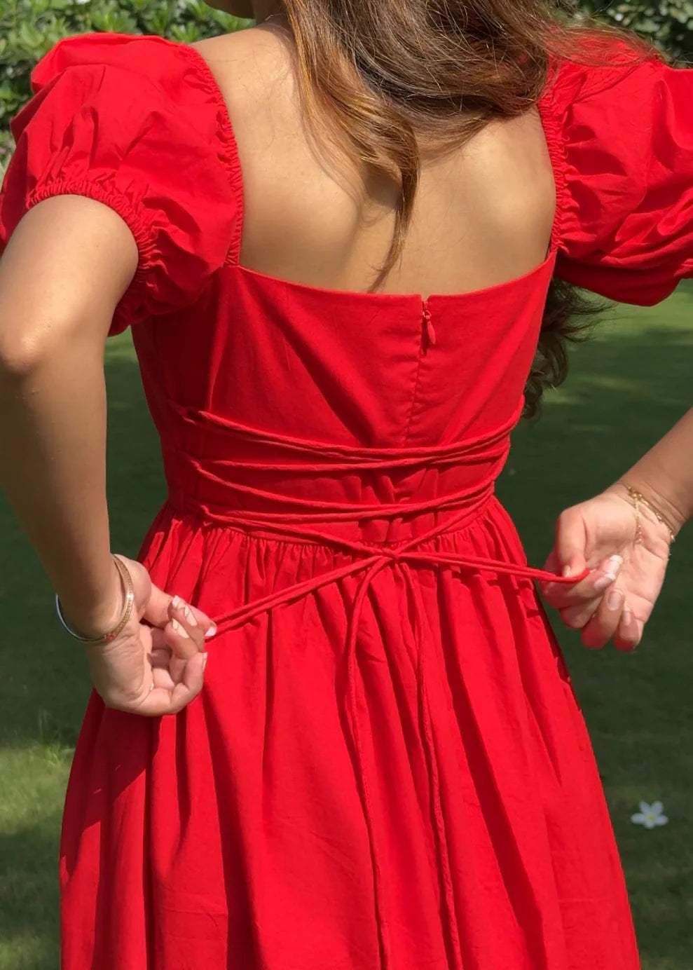 Red tie up cotton dress