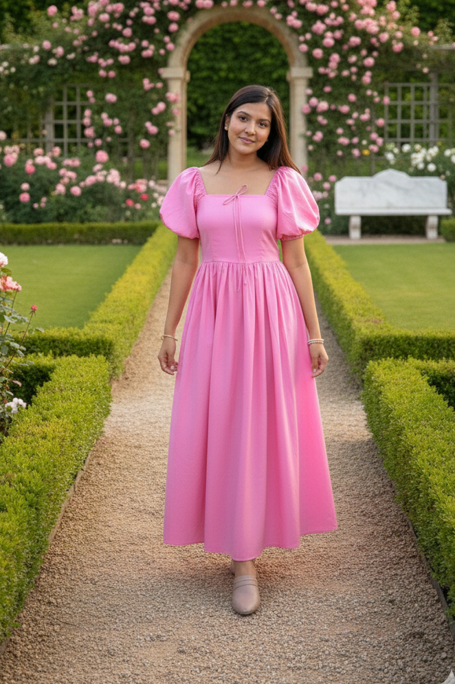 Woman in a pink dress walking through a garden with floral arches.