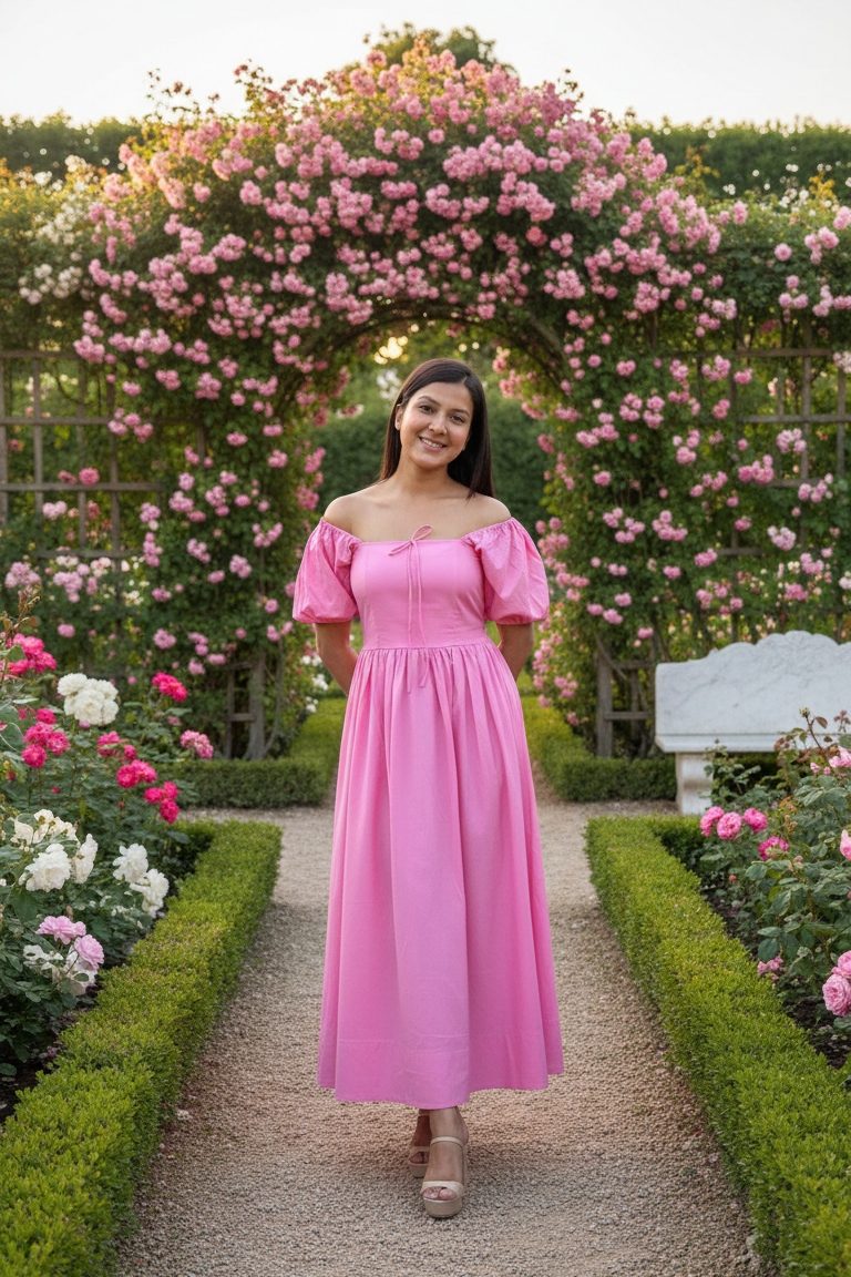 Woman in a pink dress walking through a garden with floral arches.