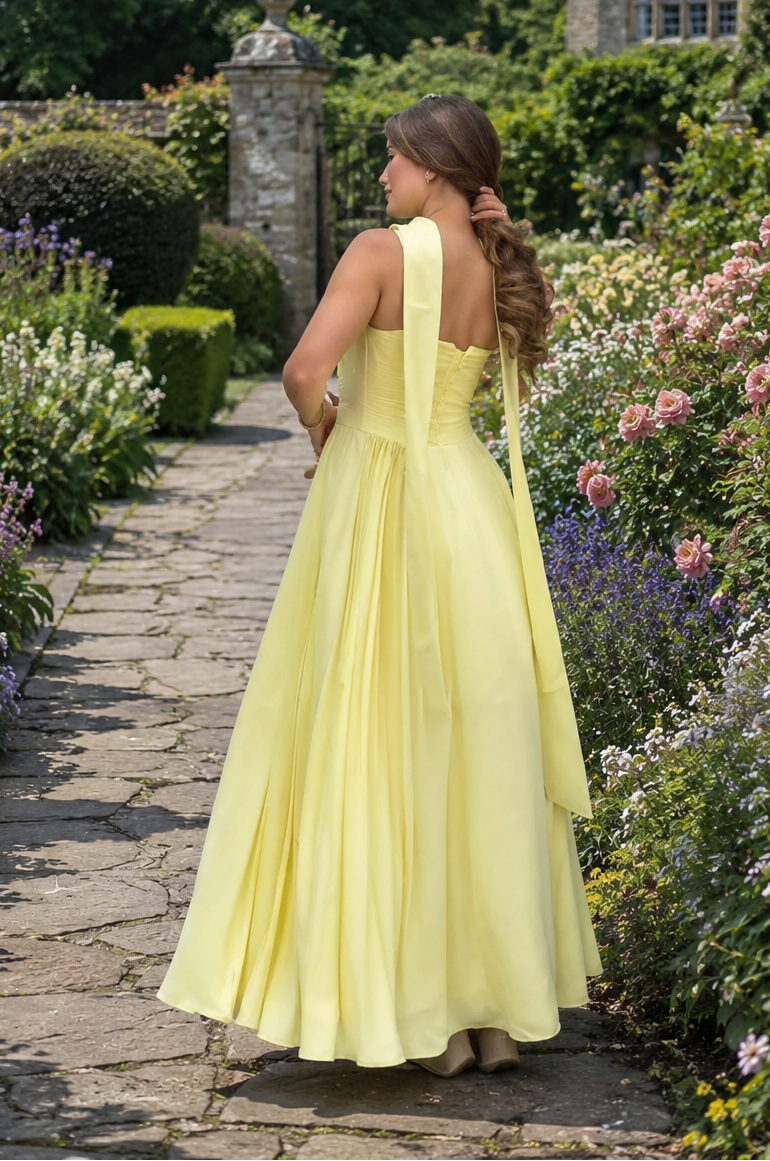 Woman in a yellow dress standing in a garden with a historic building in the background