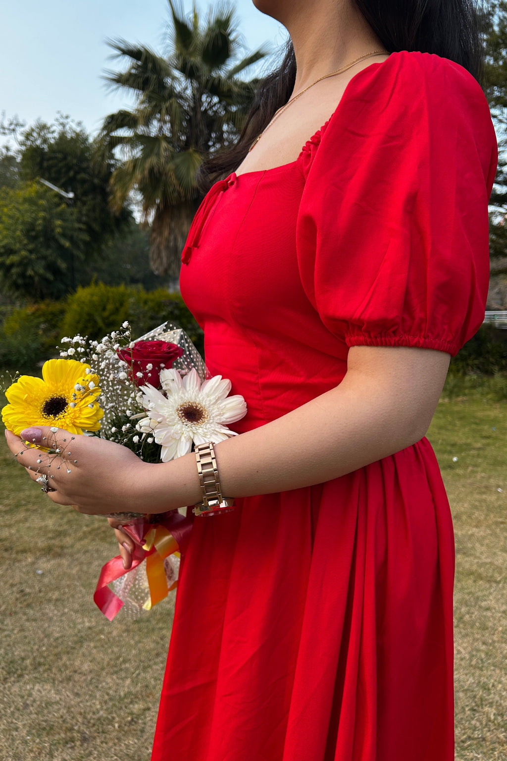 Red tie up cotton dress