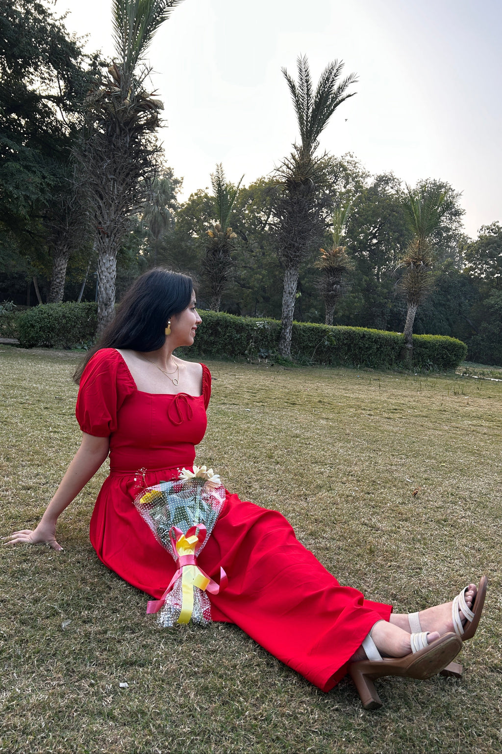 Red tie up cotton dress