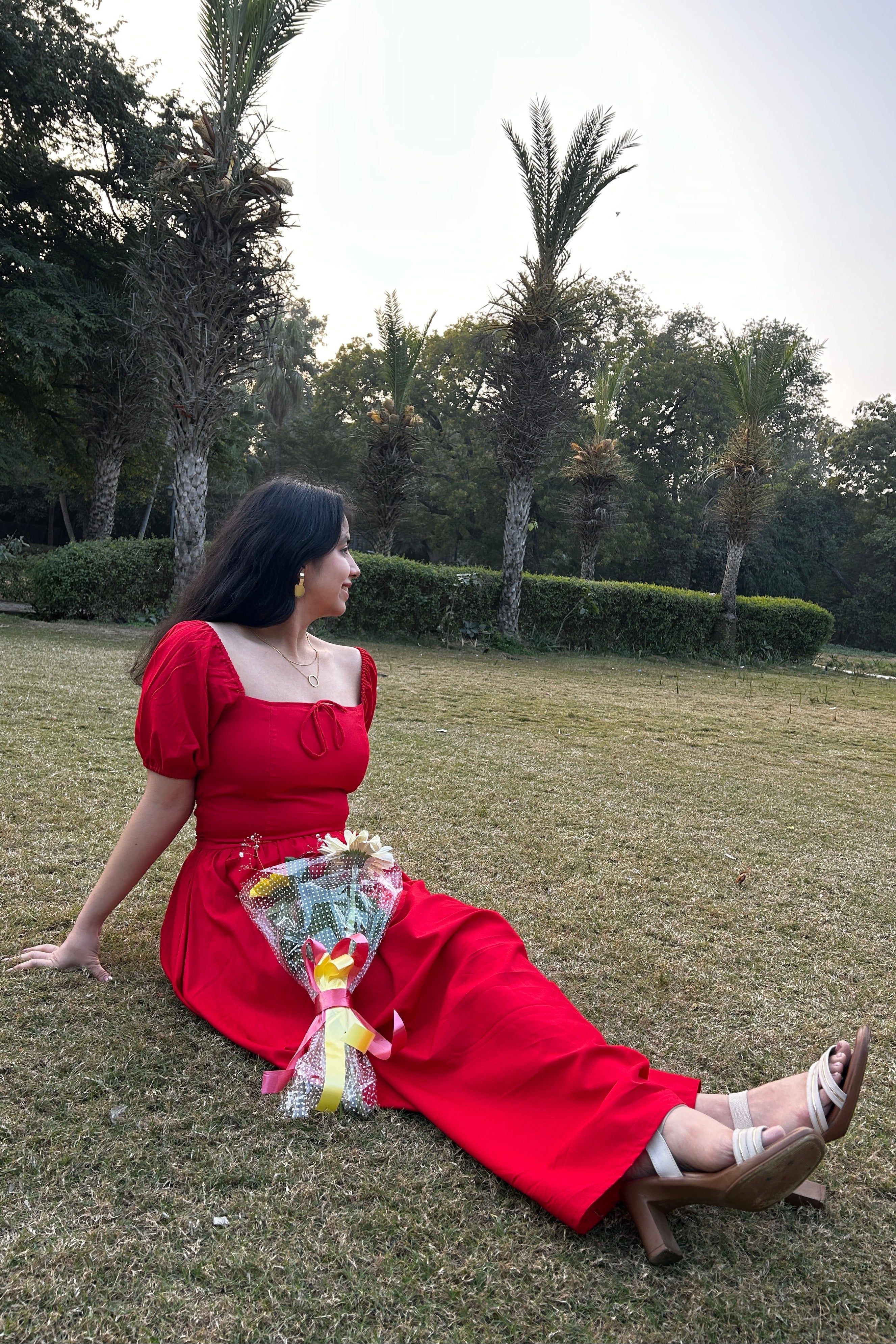 Red tie up cotton dress