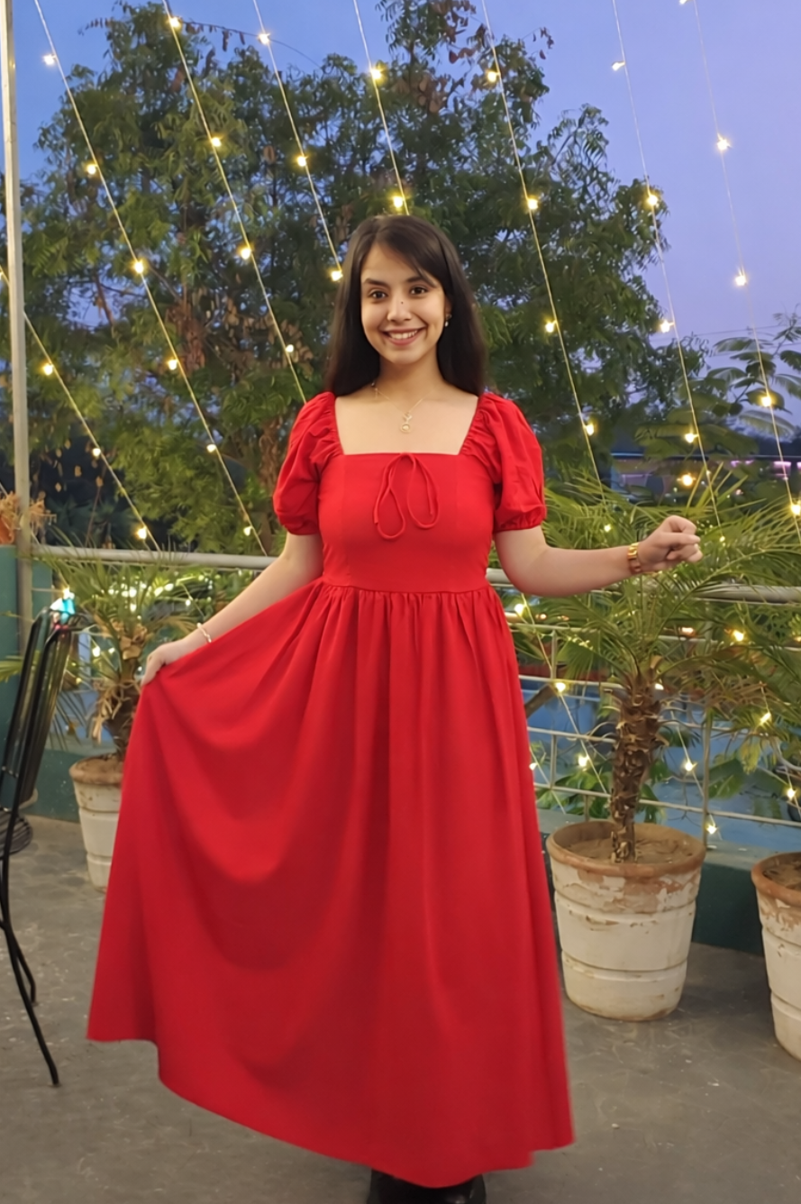 Red tie up cotton dress