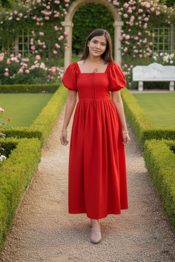 Red tie up cotton dress
