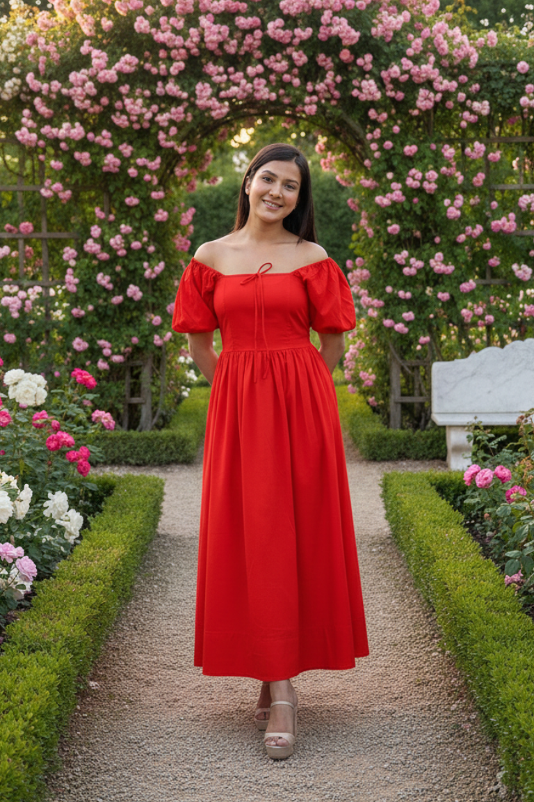 Woman in a red dress standing in a garden with pink flowers and greenery.