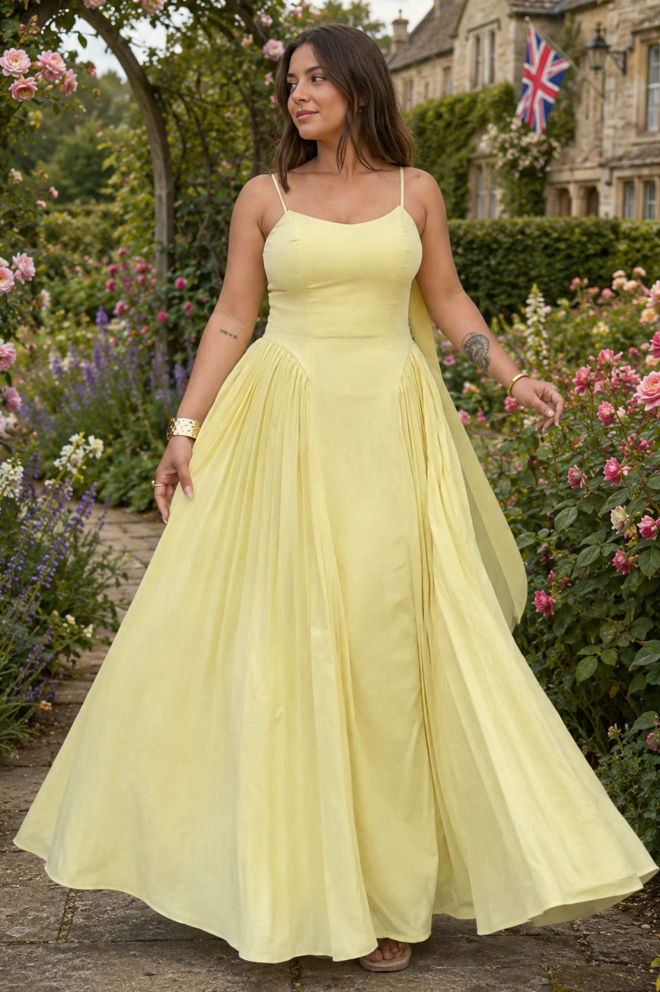Woman in a yellow dress standing in a garden with flowers and a building in the background