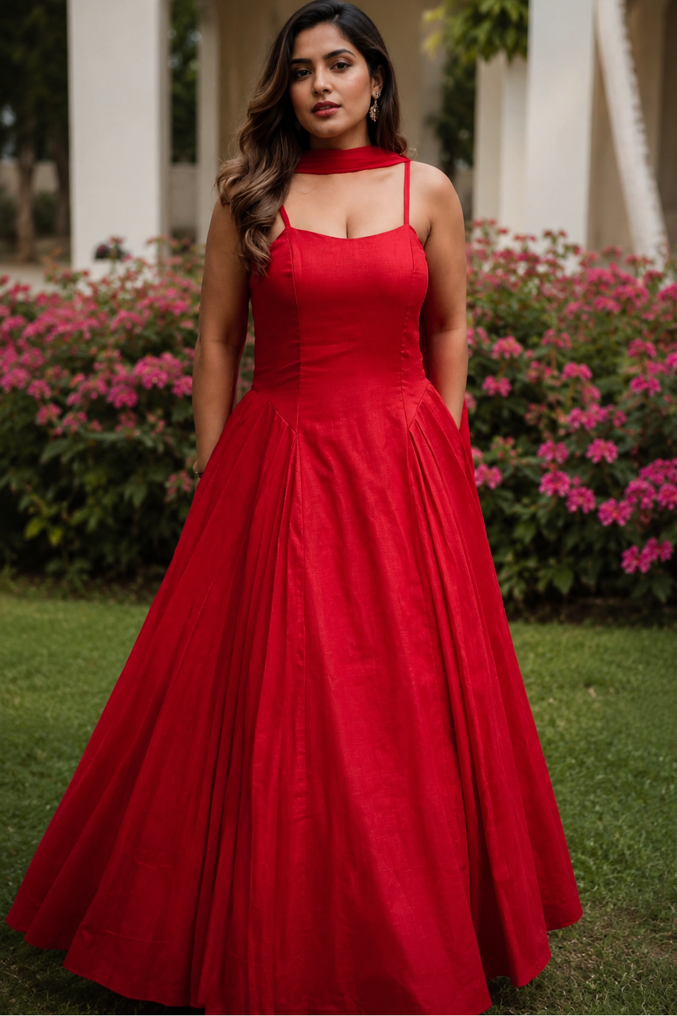 Woman in a red dress standing in a garden with pink flowers and a white building in the background.